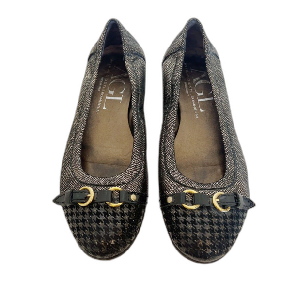 AGL Attilio Giusti Leombruni Black Gold Houndstooth Cap Toe Ballet Flat Size 8.5 - Picture 1 of 7